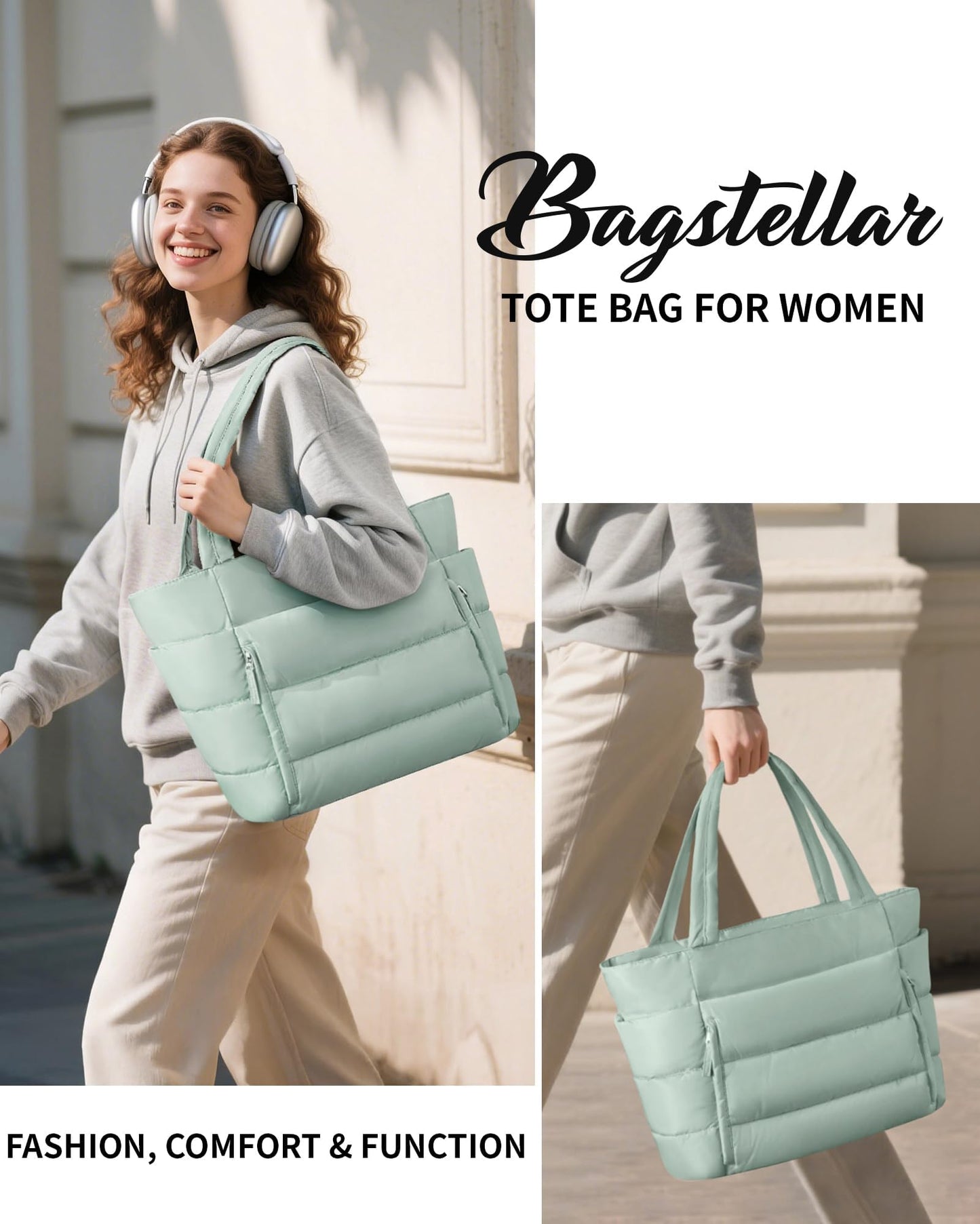 Bagstellar Puffer Tote Bag for Women, Lightweight Puffy Work Handbag Teacher Nurse Quilted Shoulder Bag for School Travel Gym