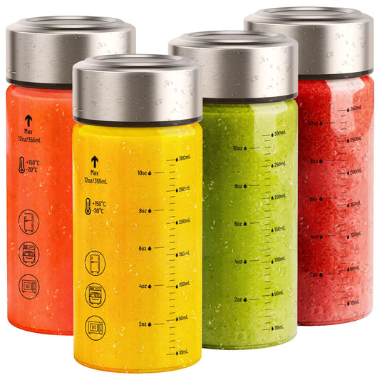 12 oz Glass Juice Bottles – 4 Pack Wide Mouth Bottles with Stainless Steel Lids – Leakproof, BPA Free, Heat-Resistant Borosilicate Glass for Juicing, Smoothies, Milk, Protein, Beverage Storage