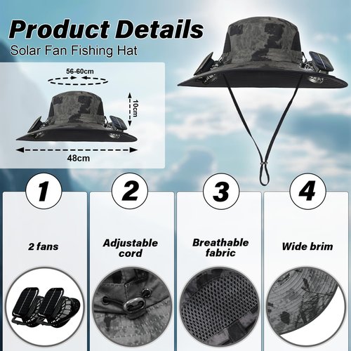 Solar Fan Hat,Wide Brim Solar Powered Fan Hat with 2 Built-in Fans,UPF 50+ Sun Hat for Outdoor Hiking Fishing Camping Green Camouflage