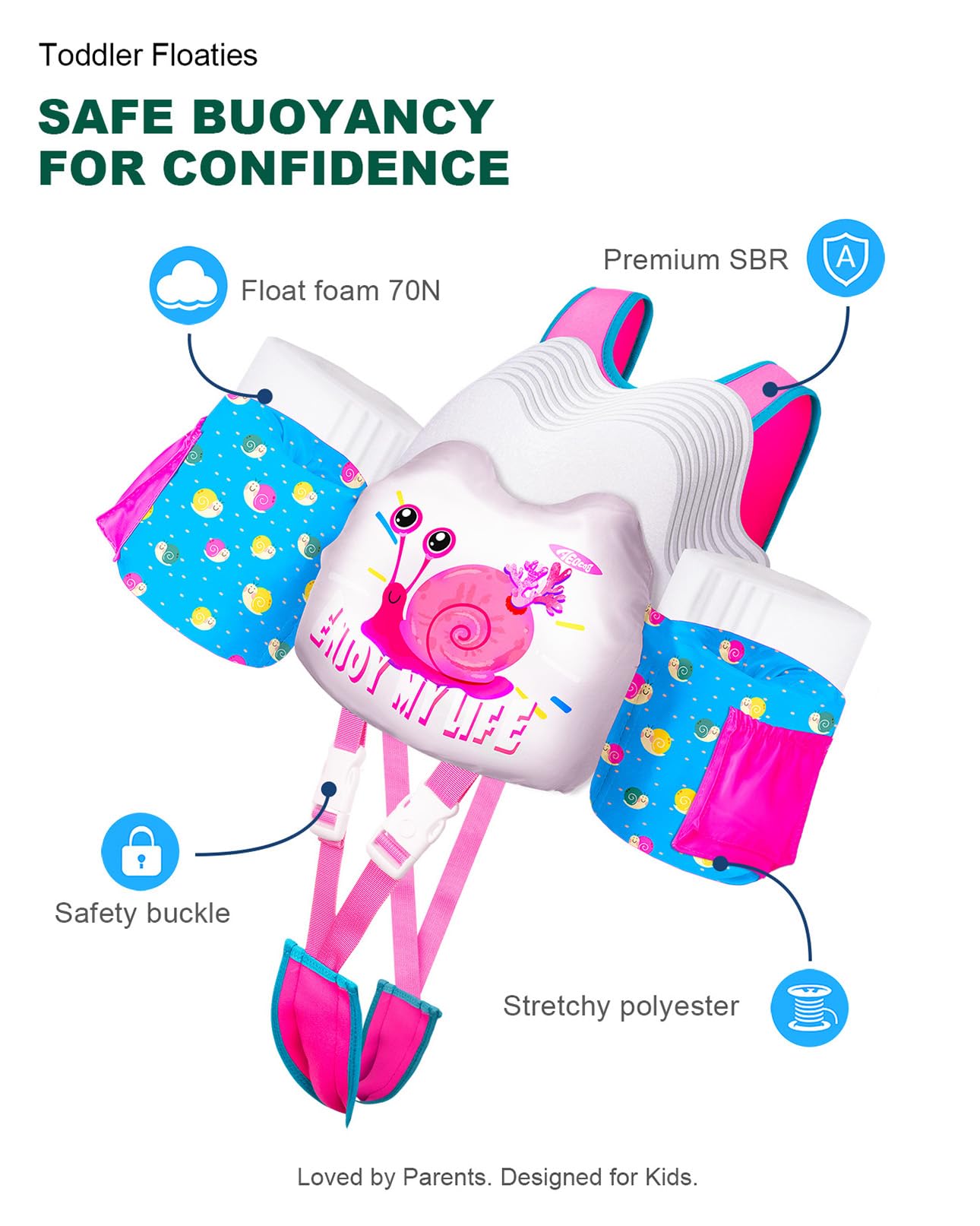 Toddler Swim Vest for 2-7Y, 20-50 lbs, Kids Floaties with Shoulder Harness & Adjustable Crotch Strap & Arm Water Wings for Boys and Girls, Snail