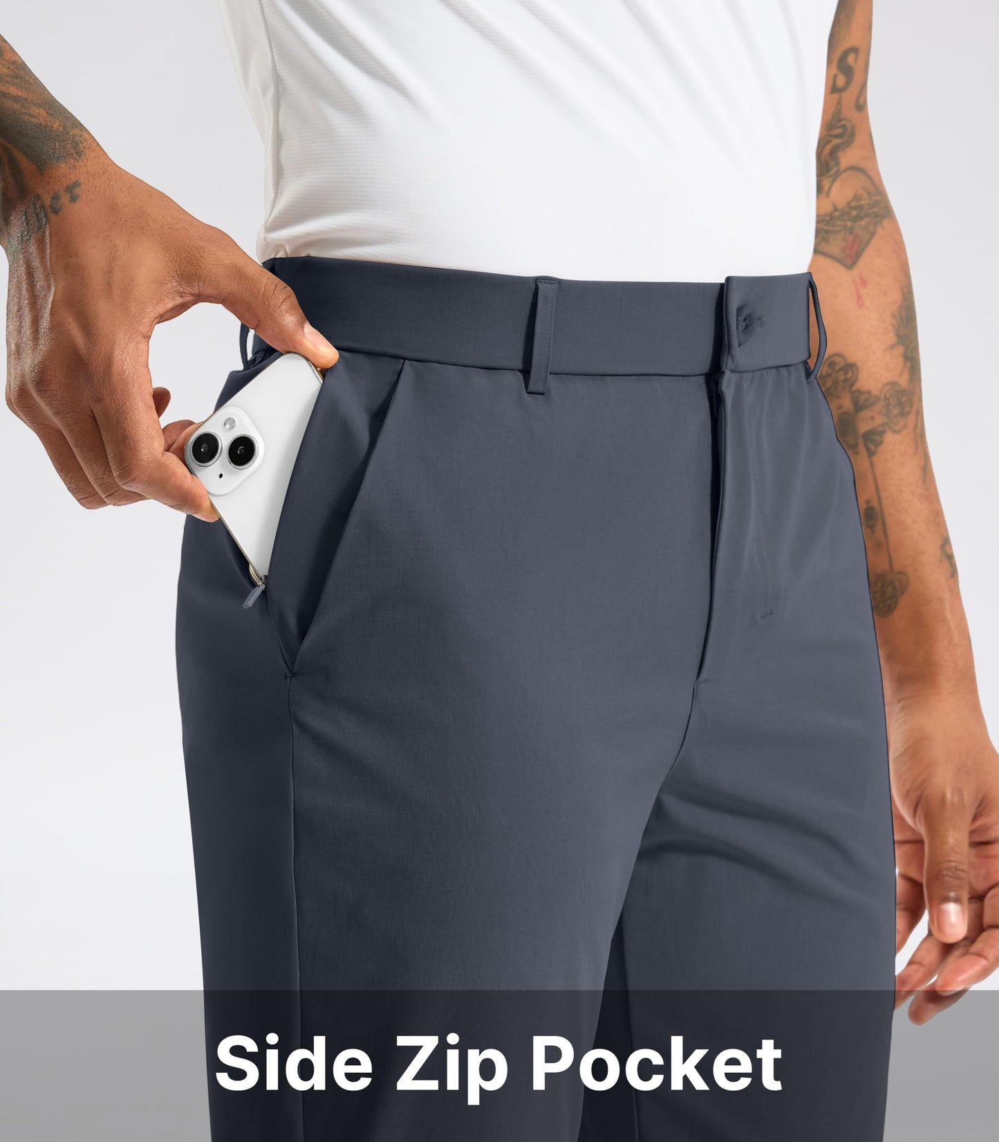 Soothfeel Mens Golf Pants Classic Fit Stretch Work Dress Pants 30"/32"/34" Quick Dry Lightweight Casual Trousers with Pockets Grey_Blue L32_W34