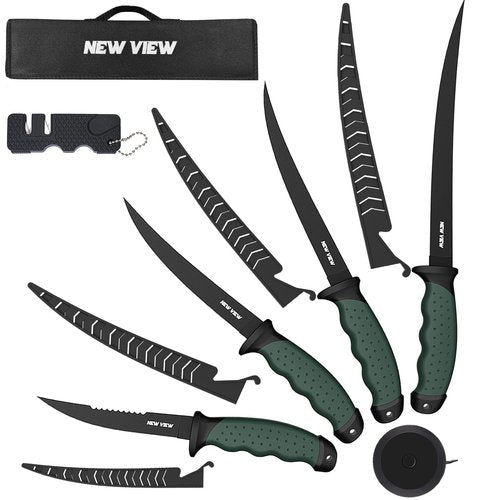 NEW VIEW Fillet Knife 7-Piece Corrosion-Resistant Stainless Steel Knife Set, 4 Fishing Knives Set with Non-Slip Handle, Sharpener, Storage Bag, Suitable for Freshwater and Saltwater