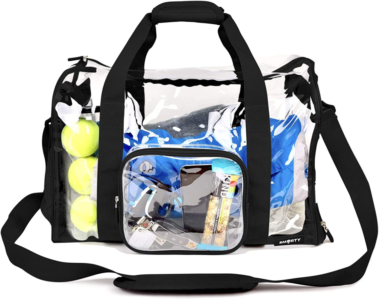 TXSN Heavy Duty Large Clear Duffel Gym Bag with Clear Bottom Transparent All Sides Shoe Pocket Removable Shoulder Strap for Men Women Fitness Security Check, Black