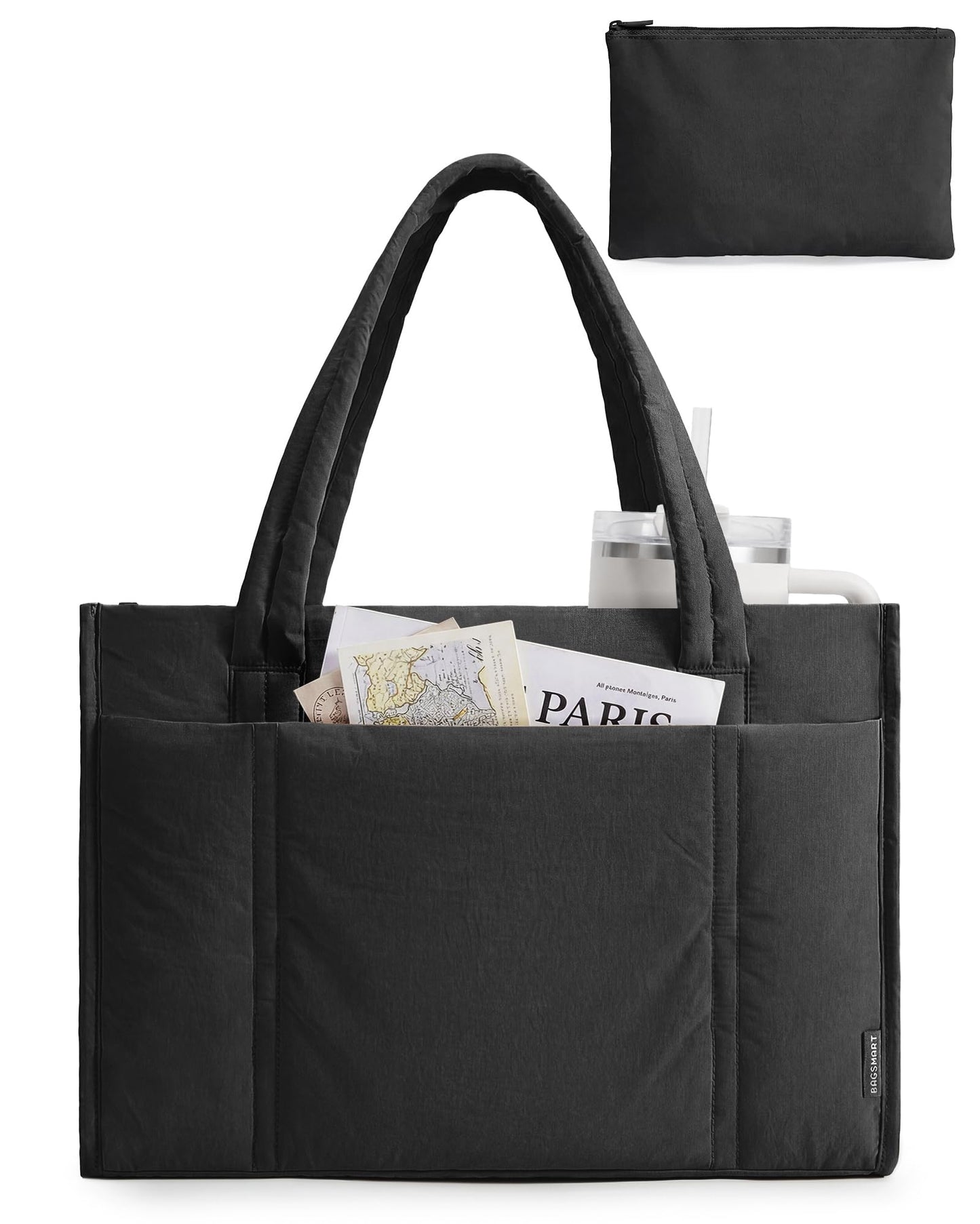 BAGSMART Tote Bag for Women, 2Pc Puffy Tote Bag Set with Zipper, Quilted Large Work Teacher Bag for Travel