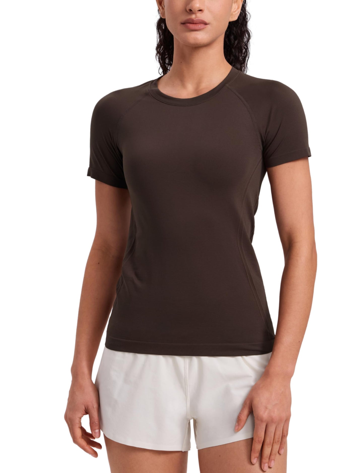 CRZ YOGA Seamless Workout Tops for Women Hip Length - Athletic Running Gym Yoga Short Sleeve Shirts Breathable Crewneck Tees Hot Fudge Brown X-Small
