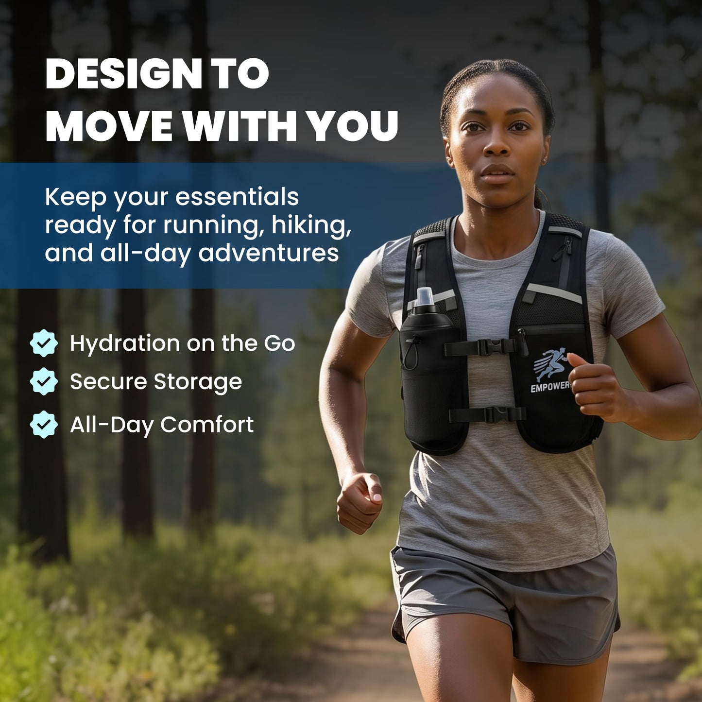 EMPOWERFIT Running Hydration Vest with 500ml Soft Bottle – Lightweight Running Pack for Men & Women, Breathable Mesh, Reflective, 6 Pockets