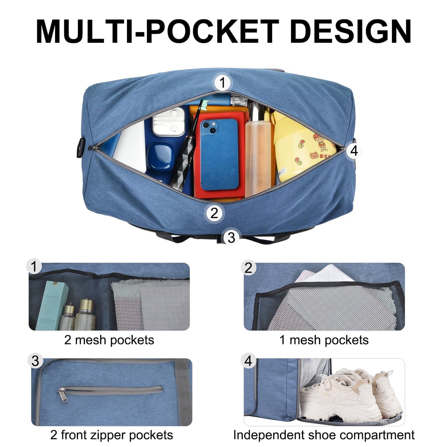 Felipe Varela 40L Duffle Bag with Shoes Compartment, Foldable Waterproof Travel Duffel Bags Duffle Overnight Weekend Travel Gym Bag for Men Women(Blue)