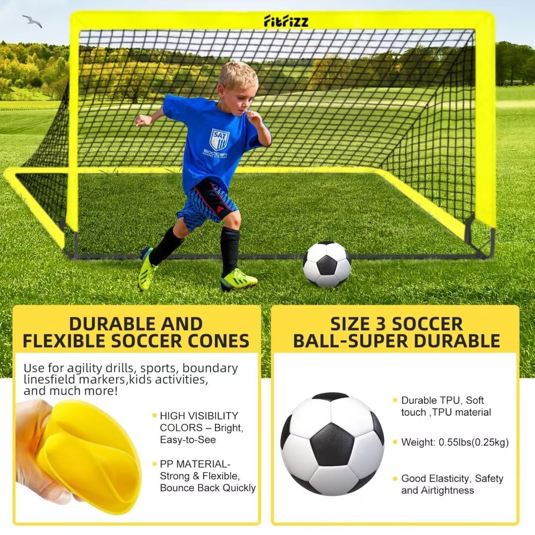 Soccer Goal, Soccer Goals for Backyard, 6x4ft Portable Pop Up Soccer Net Set, Soccer Training Equipment with Soccer Ball, Ladder and Cones(Yellow)