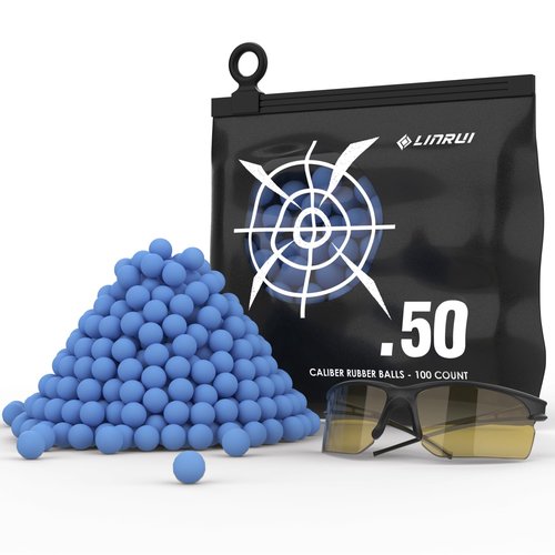 LinRui 100ct .50 Cal Paintballs Reusable for Training, Non-Lethal 50 Cal Self Defense Rubber Balls Ammo, 50 Caliber Paintball Projectiles for T4ET TR50/HDR 50, with Goggle