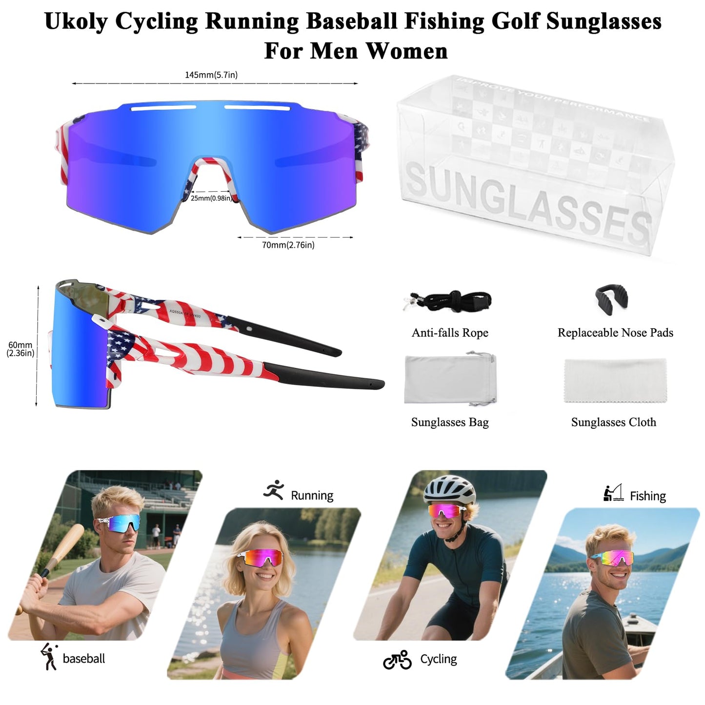 Ukoly Cycling Sunglasses with Interchangeable Nose Pad Youth Men Women, Sports Sunglasses, Fishing Baseball glasses