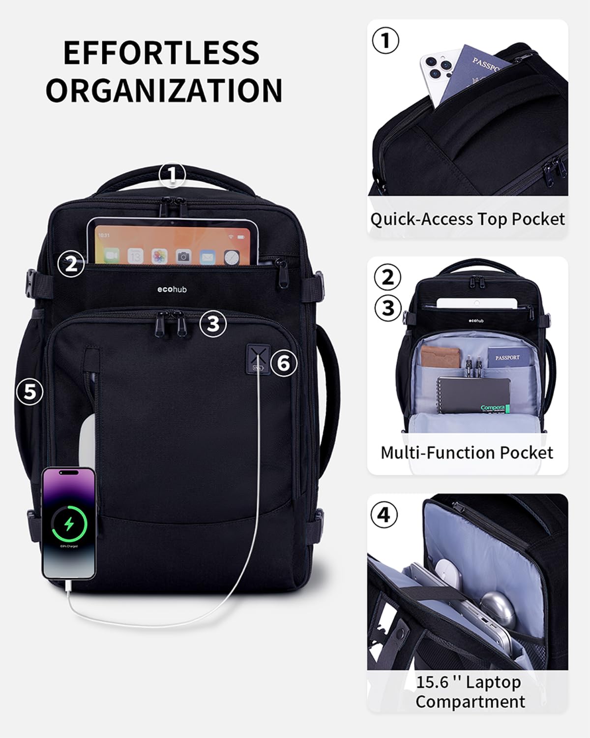 ECOHUB 17" Small Travel Backpack, United Airlines Personal Item Bag 17x10x9 with 16 Pockets, Water Resistant Rucksacks Fit 15.6" Laptop, AirTag Pocket, Lightweight Casual Daypack, 25L, Black
