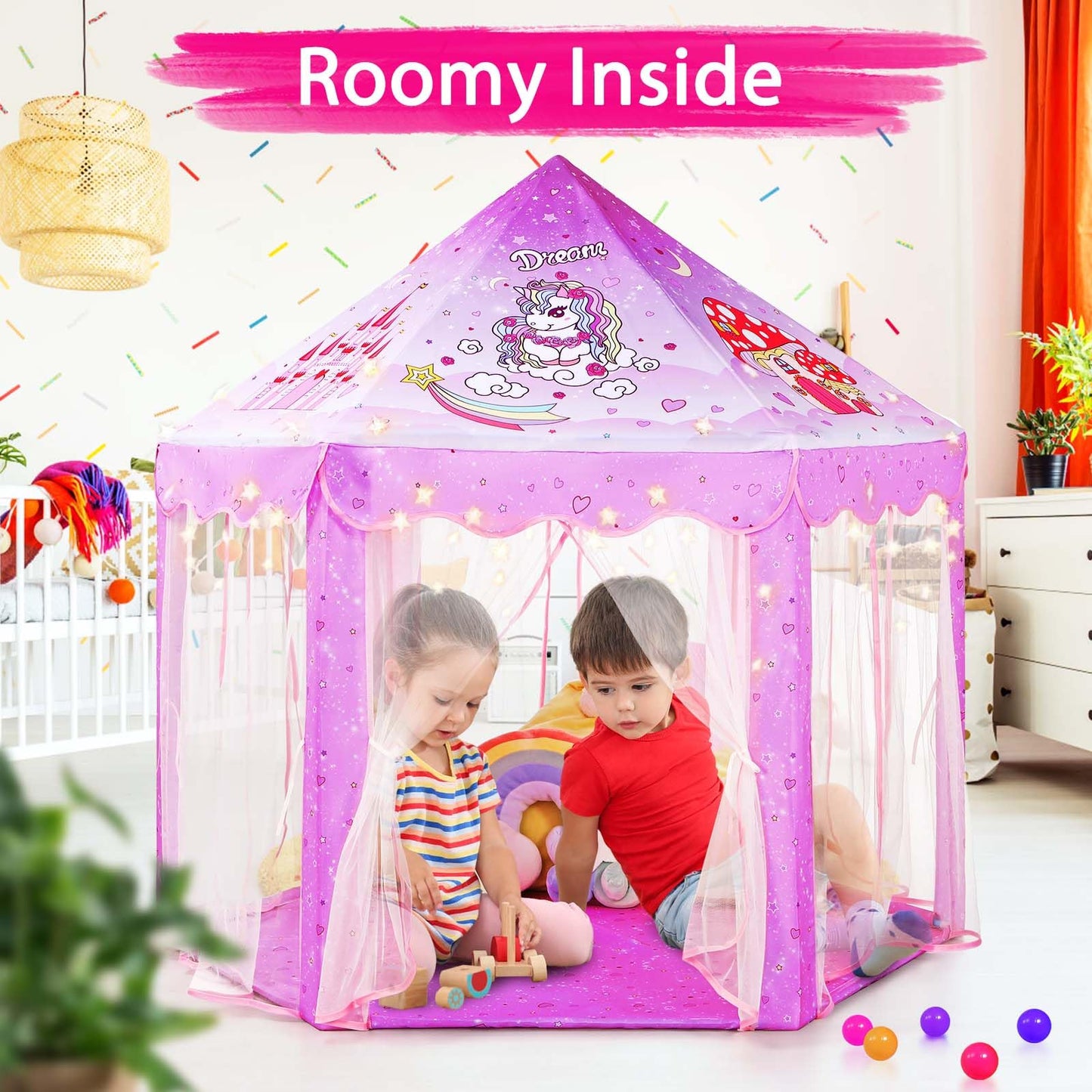 Monobeach Princess Tent Girls Unicorn Large Playhouse Kids Castle Play Tent with Star Lights Gift Toy for Children Indoor and Outdoor Games, 55'' x 53'' (DxH)