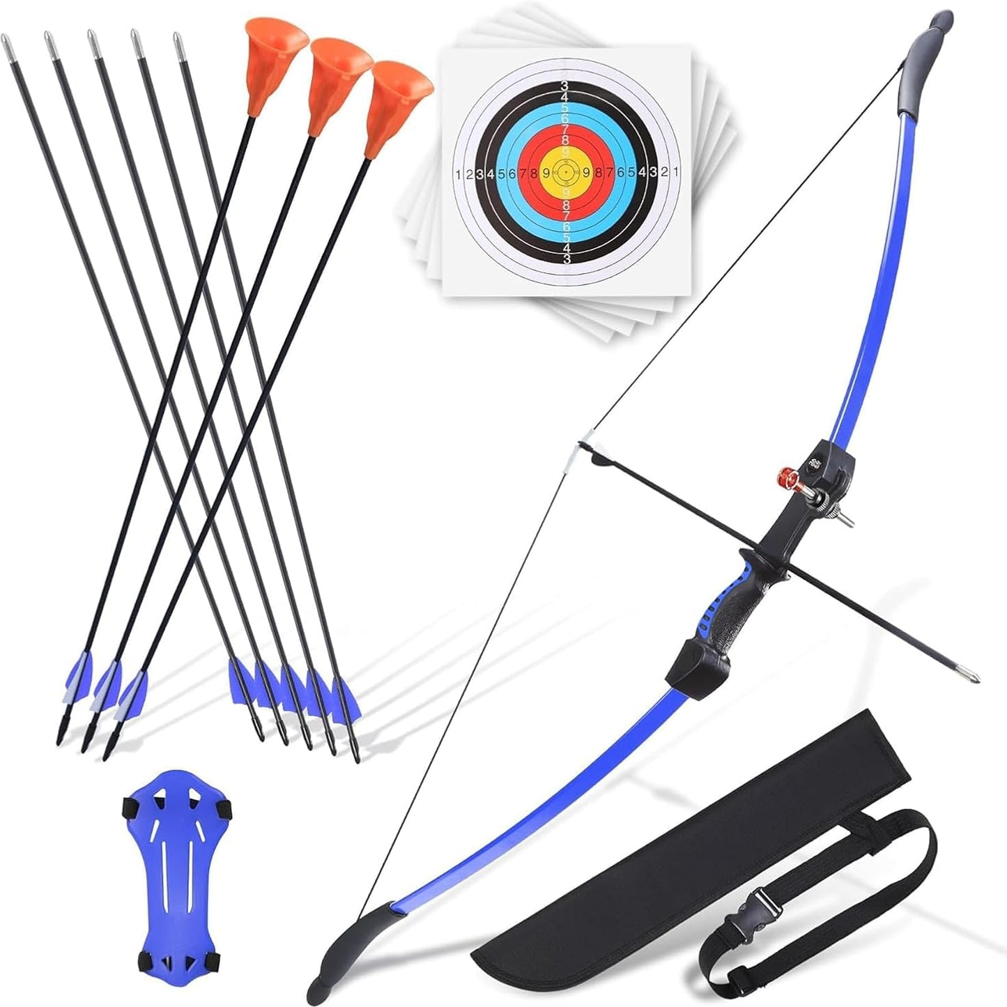 crazymouse Bow and Arrow for Teens Beginners Adults Recurve Bow Set 8 Arrows 5 Target Face Archery Longbow Kit Backyard Games Gift for Outdoor Sports (Blue Archery Bow Set)