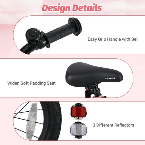 Olakids Kids Bike, 12 14 16 18 Inch Toddlers Bike with Training Wheels Safety Bell Adjustable Seat and Handlebar Handbrake and Coaster Brake, Children's Bicycle for Boys Girls (18 Inch, Pink)