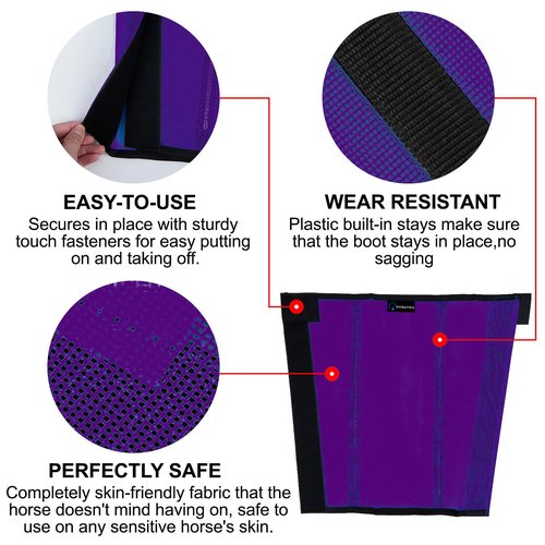 FOXLVDA Horse Fly Boots - Fly Boots for Horses Set of 4, Comfortable Horse Leggings, Mesh Material Design with Metal Support Bars, Equine Supplies for Reduces Stomping & Leg Fatigue (Purple, Large)