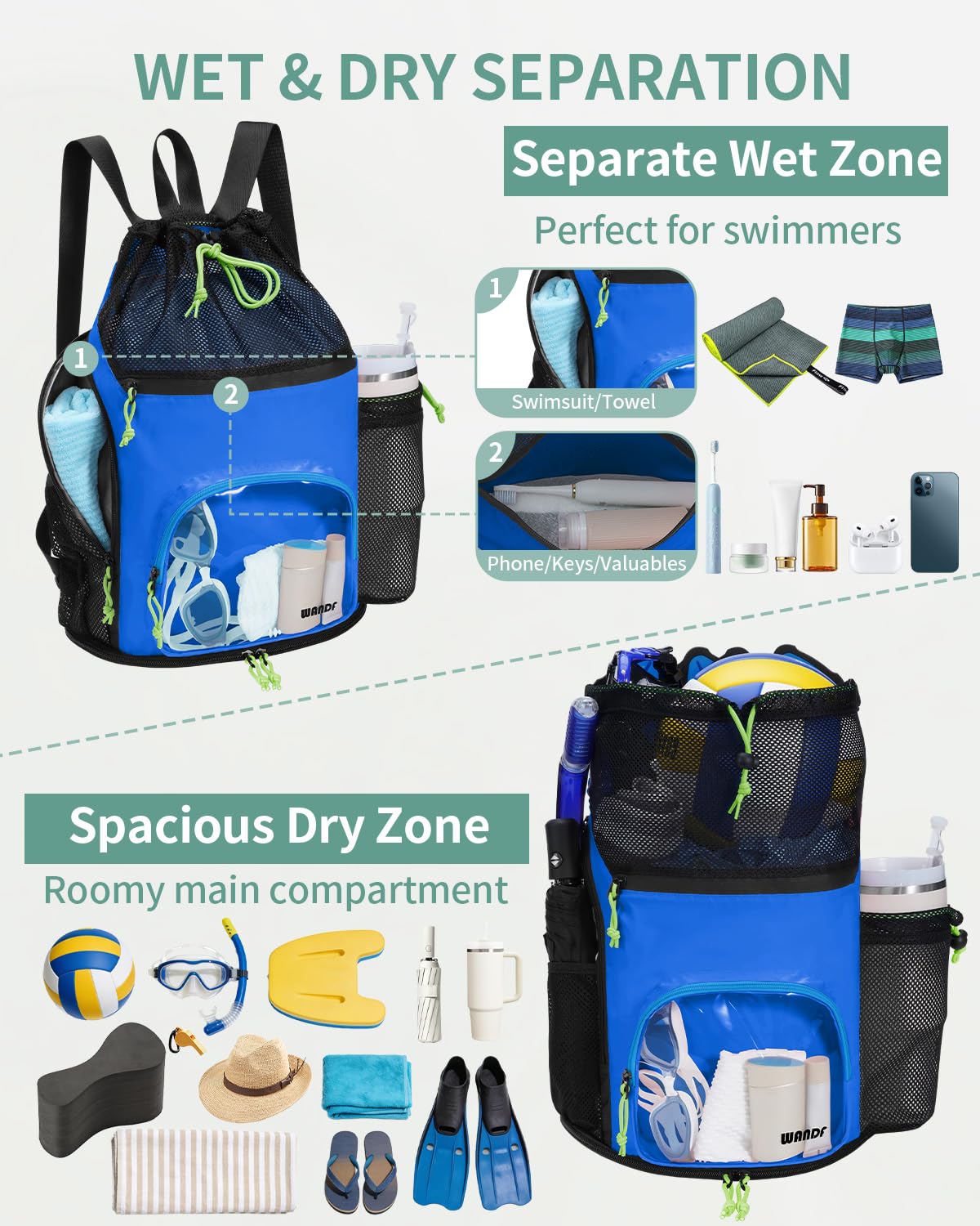 WANDF Swim Bag with Wet Pockets, Mesh Beach Backpack for Pool and Gym