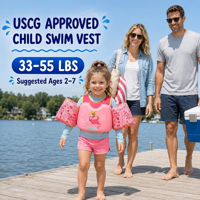 Dark Lightning Toddler Swim Vest with Arm Wings - 33-55 lbs, USCG Approved, Variation: Chill Flamingo