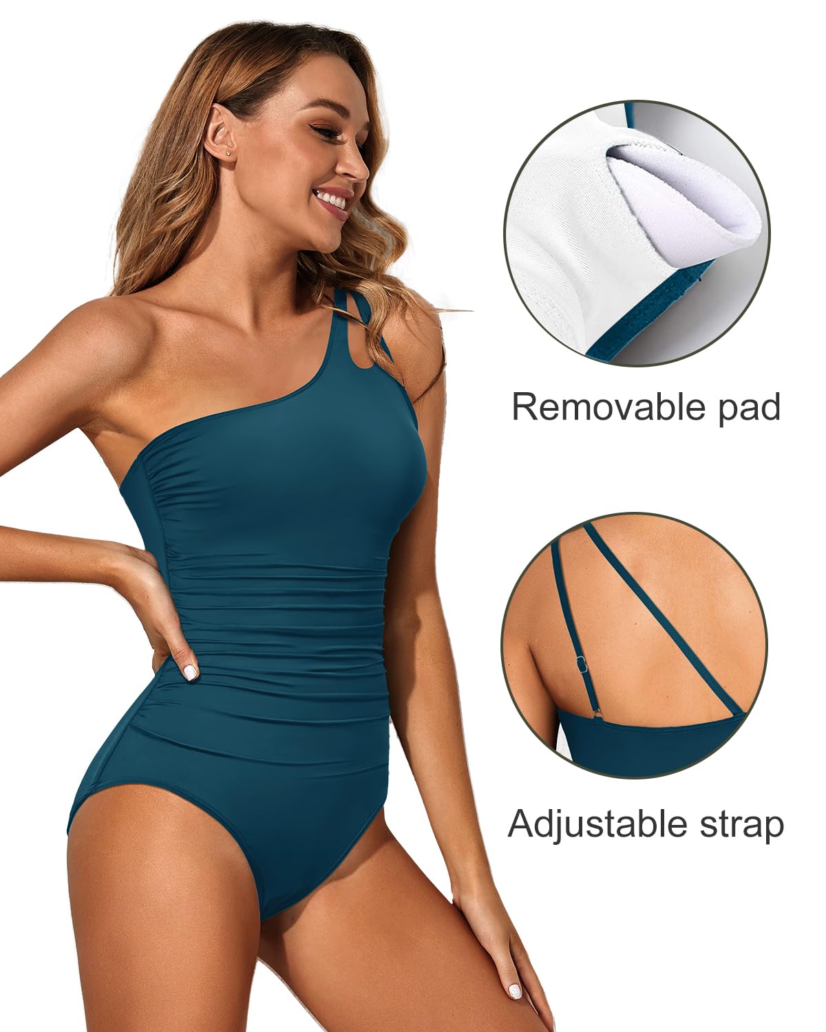 Holipick One Shoulder One Piece Swimsuit for Women Tummy Control Bathing Suits Modest Full Coverage Keyhole Swimwear Blue