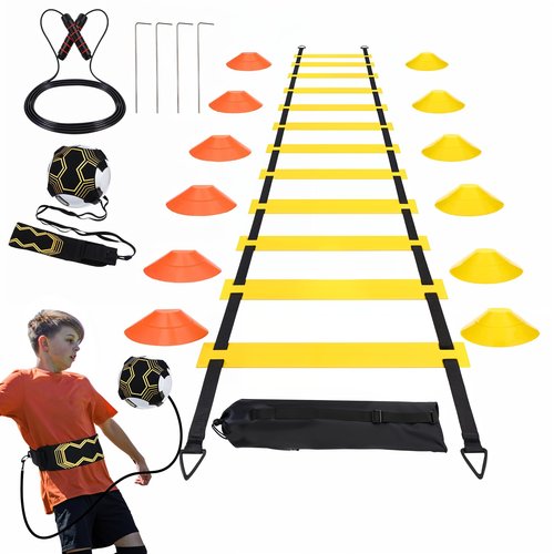 wutfuooo Soccer Agility Training Equipment Set, 12 Rung 20Ft Agility Ladder, 12 Disc Cones, 4 Steel Stakes, Solo Soccer Trainer, Jump Rope - Speed Training Equipment for Soccer Football Basketball