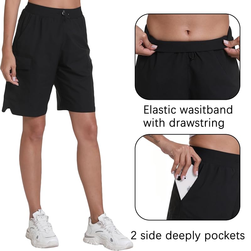 Rrosseyz 9" Inseam Womens Hiking Cargo Shorts with Pockets - Quick Dry, Elastic Waist