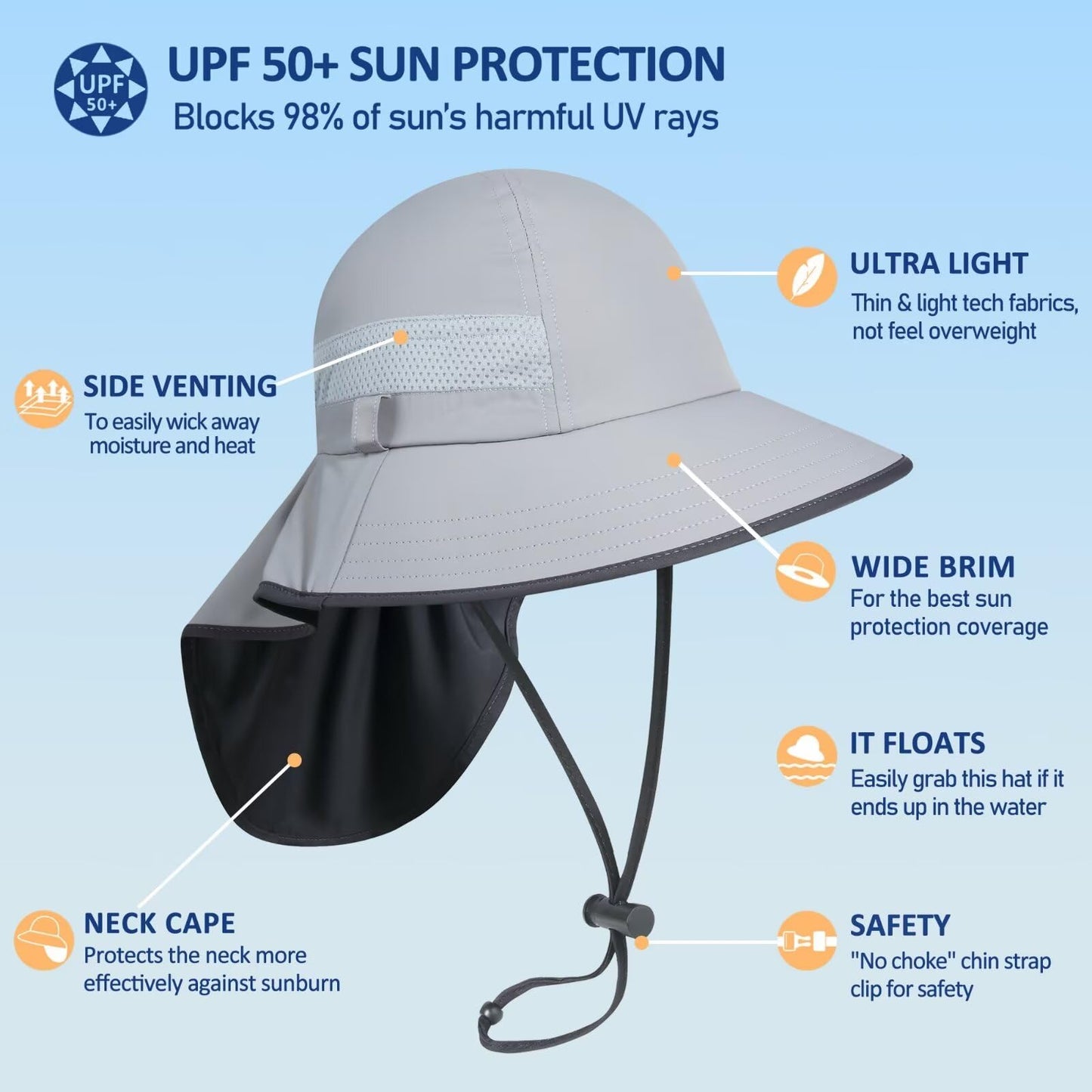 GADIEMKENSD Kids Sun Hat with Neck Flap Wide Brim Bucket Hats for Boys Girls Play Hat UPF 50+ Ultra-Light Sunhats for Beach Travel Fishing Camping Trip Light Gray 6-13 Years