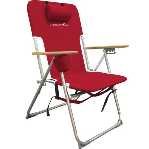 Caribbean Joe Folding Beach Chair, 4 Position Portable Backpack Foldable Camping Chair with Headrest, Cup Holder, and Wooden Armrests, Red, 33.5"D x 3"W x 25"H