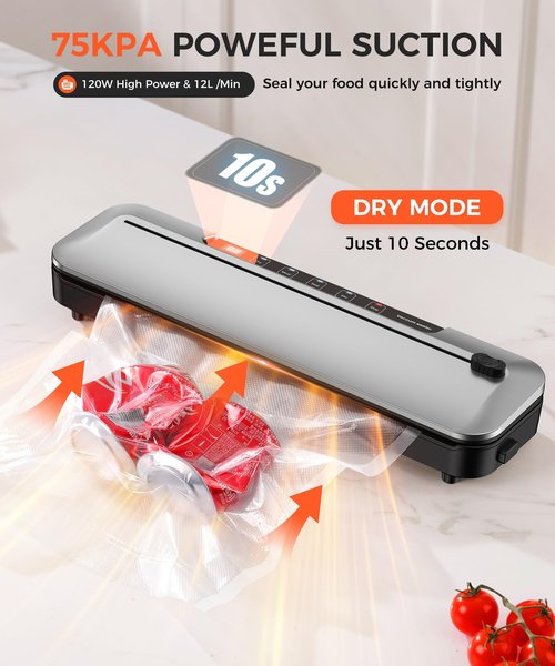 Vacuum Sealer for Food,75 Kpa Precision Suction Power 6-in-1 Food Sealer with Digital Timer, Dry & Moist Food Modes, Compact Design with 10 Vacuum Bags & Built-in Cutter