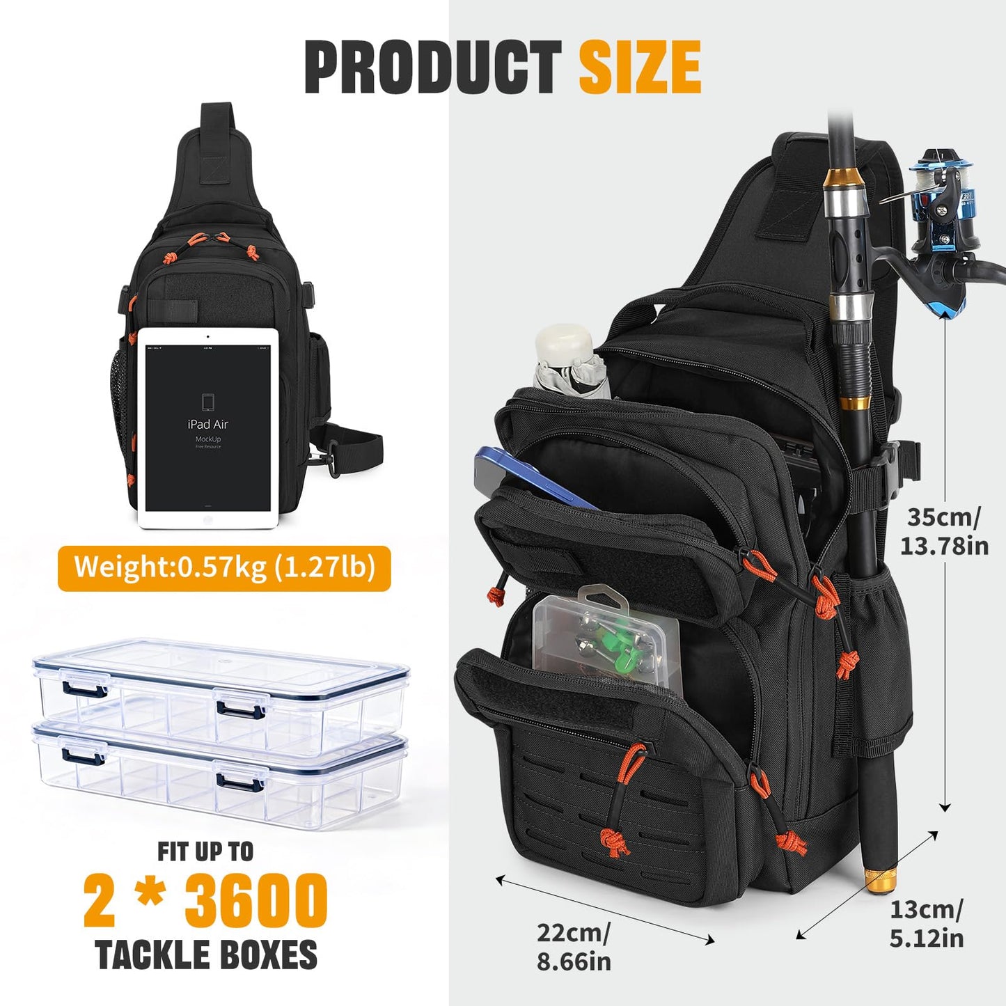 HUNTVP Fishing Sling Bag Lightweight Tackle Bag Small Fishing Backpack Tactical Shoulder Sling Bags with Rod Holder, Storge Gear and Equipment, Gifts for Men (Black)