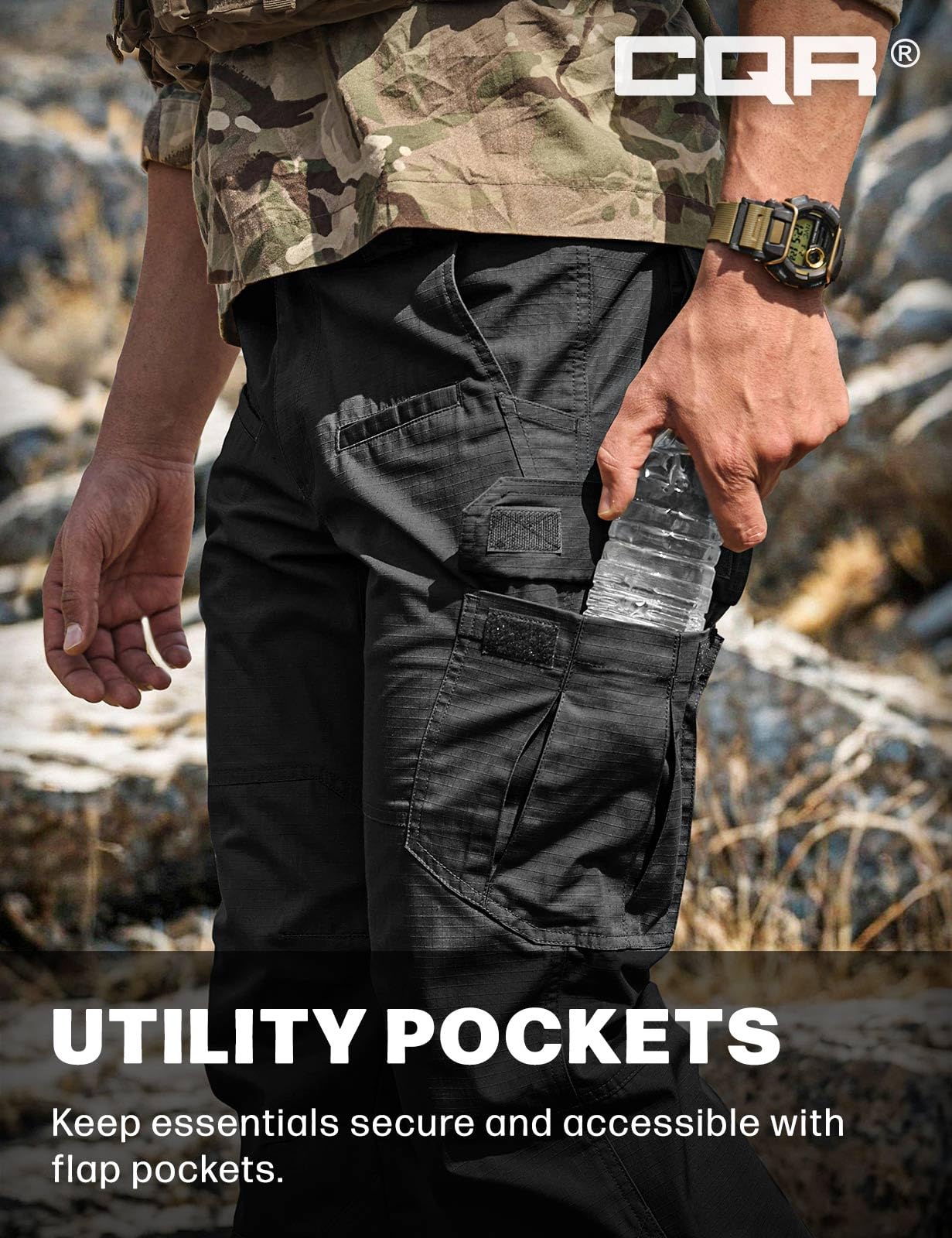 CQR Men's Tactical Pants, Water Resistant Ripstop Cargo Pants, Lightweight EDC Work Hiking Pants, Outdoor Apparel, Raider Black, 36W x 30L