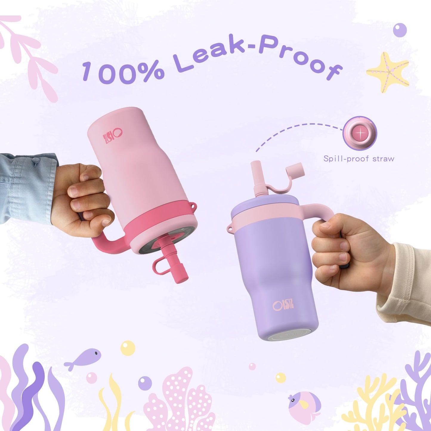 OISIZ 14oz Kids Tumbler with Straw Lid & Handle,Kids Cup with Animal Accessory for School,Kids Water Bottles with Dust-proof Cover,Leakproof Water Bottles,316 Stainless Steel,Keep Cold 24 Hours-purple