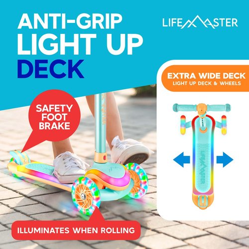 Lifemaster 3-Wheel Kids Scooter with Multi-Color Lights on Deck & Wheels – 5-Height Handlebar, Wide Anti-Slip Deck, Child Safety Certified, Boys & Girls Ages 3+ Supports Up to 150 lbs, Aqua Orange