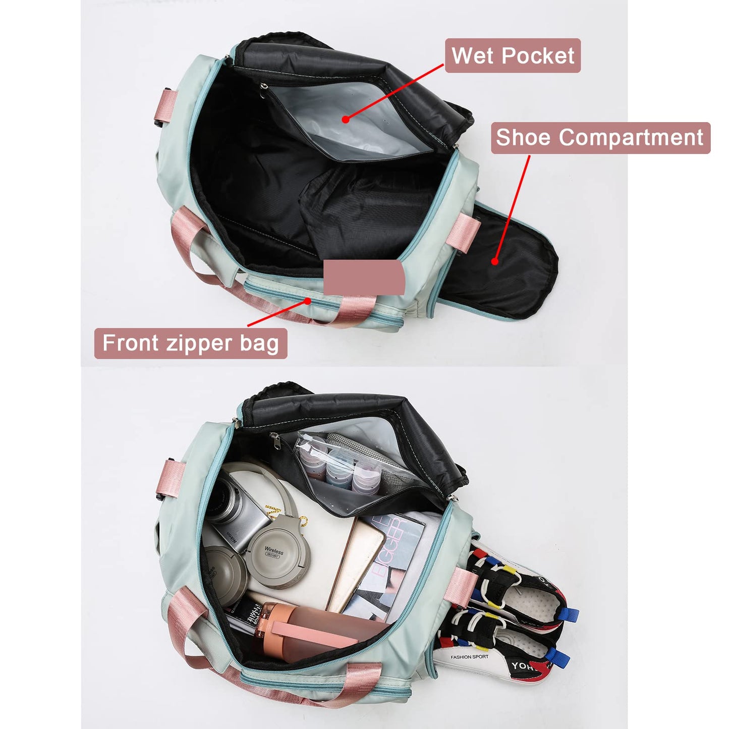 Pink Gym Bag for Women, Waterproof Travel Duffle Bag Carry On Weekender Bag with Shoe Compartment & Wet Pocket, Gym Tote Bag for Travel, Workout, Sport