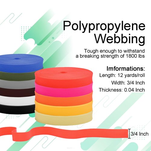 CooBigo Polypropylene Webbing Strap 3/4" Durable Poly Strapping 12 Yards 3/4 inch Wide Webbing Strap for Backbag,Pool Solar Cover,DIY Crafting,Pet Collar,Outdoor Gear