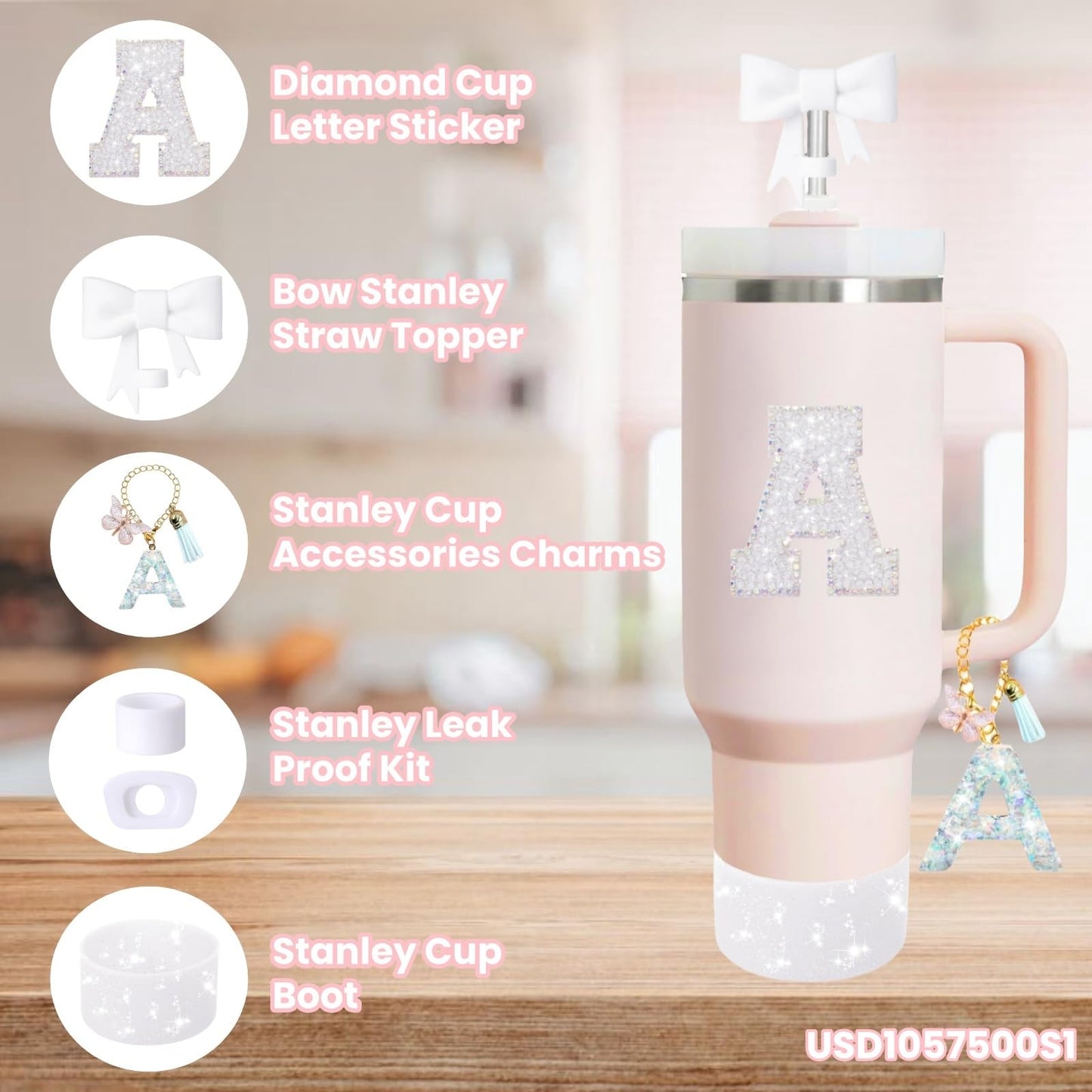 6PCS White Stanley Cup Accessories Set Fit for Stanley Cup 30oz 40oz. Including Handle Charm, Personalized Initial Sticker, Straw Topper, Sparkly Silicone Boot, Spill Proof Stopper