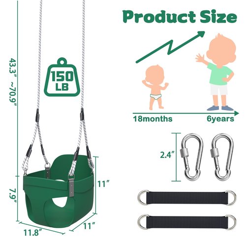 Toddler Swing, Heavy Duty Kids High Back Bucket Swings Ages for 3-6 with Snap Hooks and Safety Harness, Safety Design Easy Install Baby Swing for Outdoor Playground, Backyard (Green)