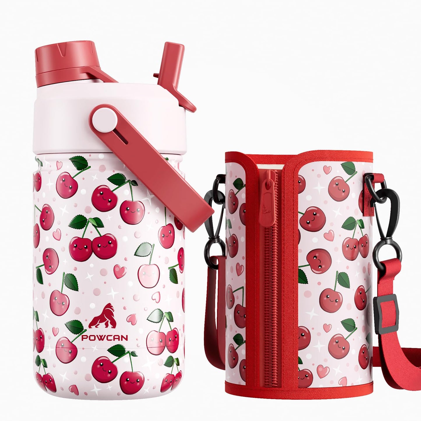 12 oz Kids Water Bottle for Girls: Leakproof, Durable Straw Spout Lid, 24H Cold, with Leather Sleeve, Easy Carry, Insulated Stainless Steel Cup for School, Travel, Camping, Daily (Giggly Cherry)