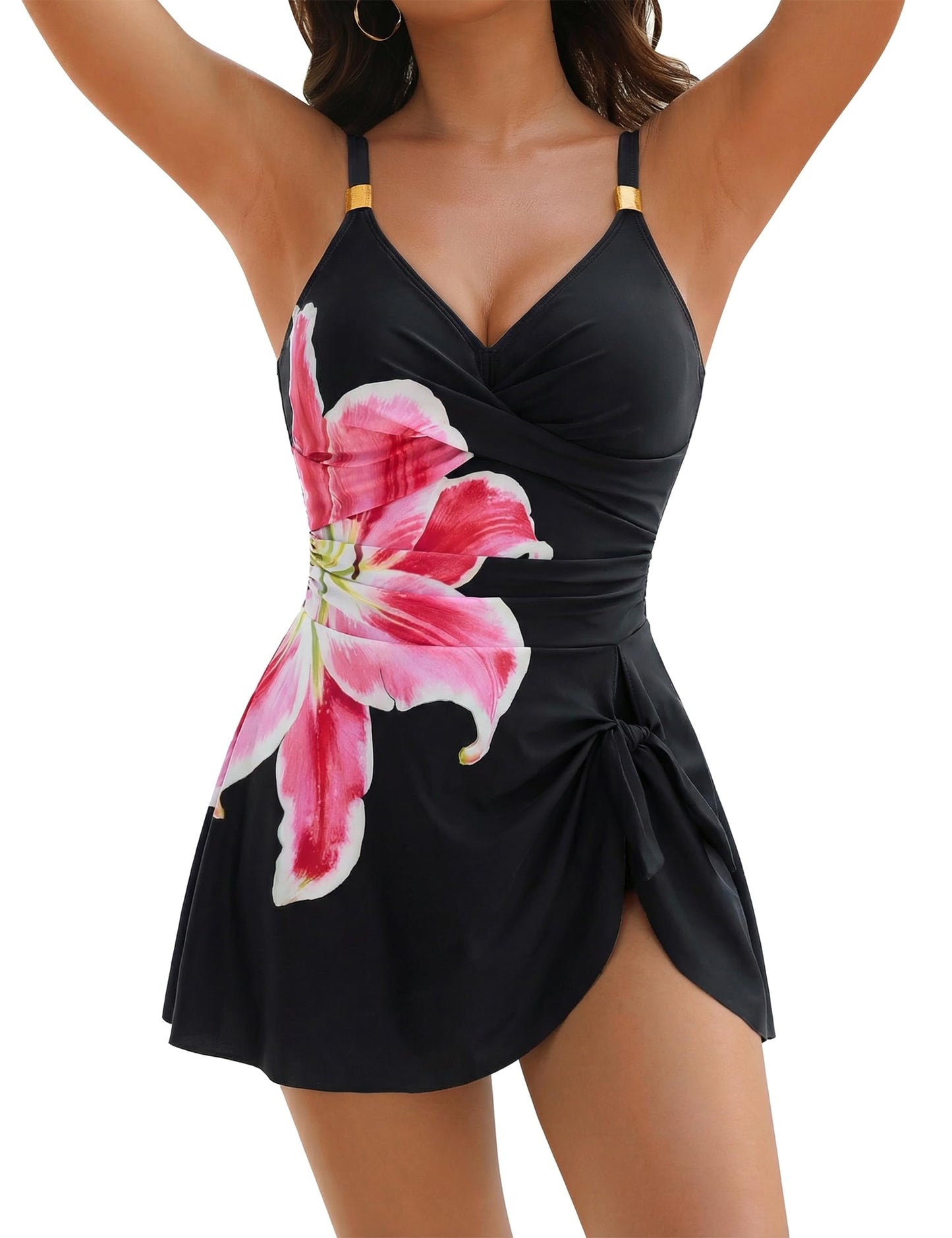 Blooming Jelly Womens Tummy Control Bathing Suits One-Piece Long Torso Swimsuit Ruched 2026 Swimwear (L, Black Flower)