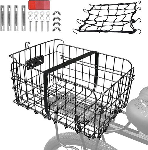 Foldable Rear Bike Basket for Bicycle/Electric Bike - Metal Cargo Basket with Rain Cover, Elastic Storage Net & Insulated Thermal Liner Bag - Perfect for Commuting, Groceries, Pets, Outdoor Travel