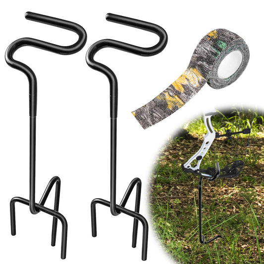 2 Pack Ground Bow Holder, Hunting Blind Bow Holder with Self-Adhesive Camouflage Tape Wrap Bow Holder Archery Ground Stake Bow Holder Rubber Coating Compound Bow Holder for Ground