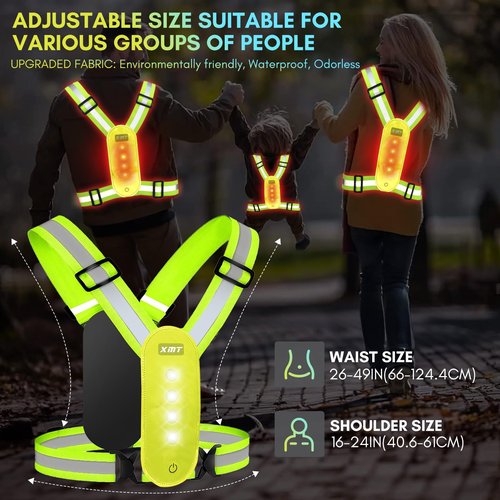 XMT Reflective Running Vest 2PC, High Visibility Rechargeable Adjustable Led Vest with Adjustable Waist and Shoulder, LED Cycling Gear