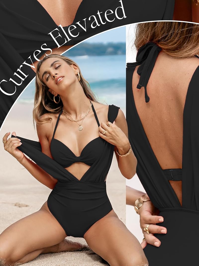 CUPSHE Women's One Piece Swimsuit Plunge V Underwire Push Up Swimwear - Black, Large