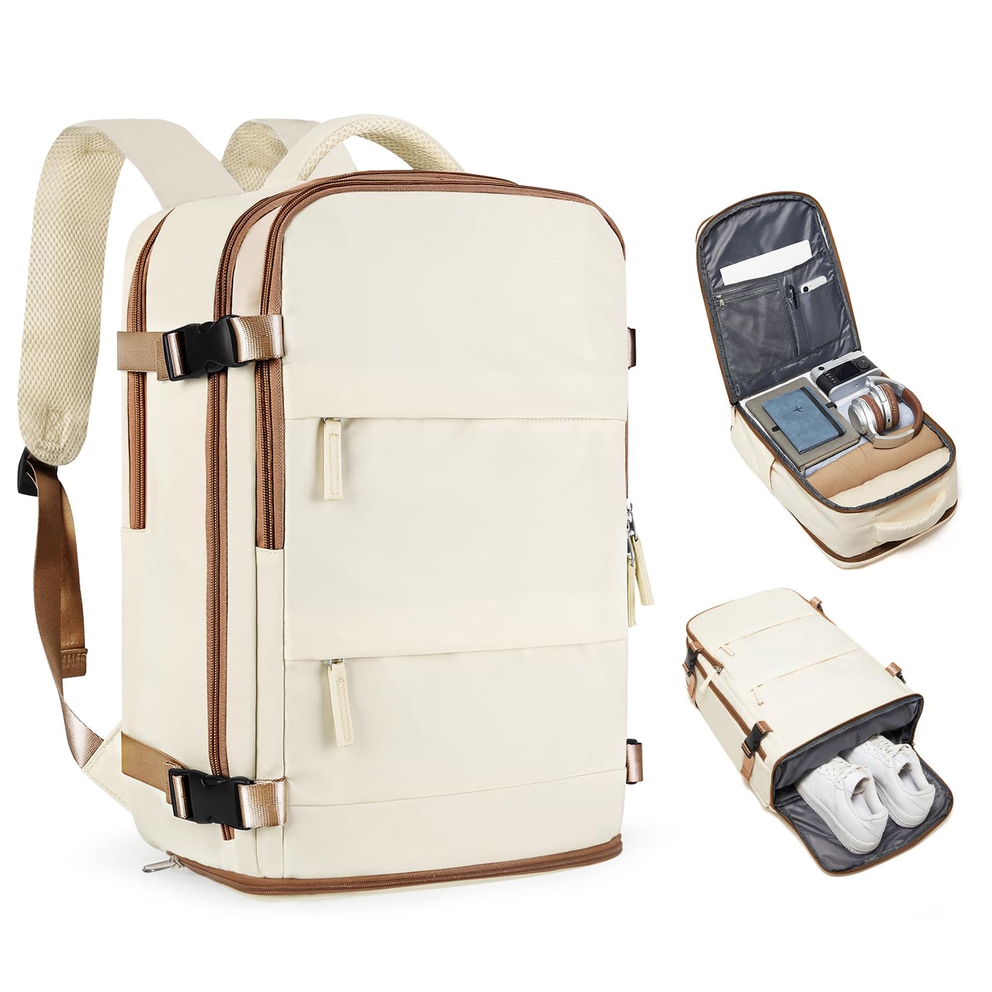 coofay Large Travel Backpack Carry on Flight Approved Mochila De Viaje Personal Item Travel Bag Backpacks for Men Women Carry on Backpack for Airplanes 18x14x8 Inches Travel Bag Beige with Brown