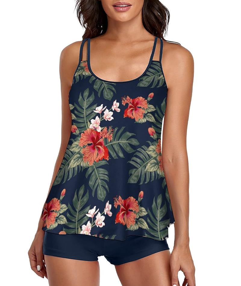 Urchics Plus Size Tankini Set with Long Torso Top & High Waisted Bottoms - Tropical Navy XX-Large