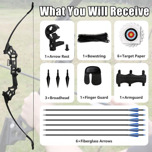 SERfawnCH Recurve Bow and Arrow Set for Adults, 30-40LBS Right-Handed Target Practice Bow with 6 Carbon Arrows, Arm Guard & Target Faces, 51" Archery Kit for Outdoor Practice‌