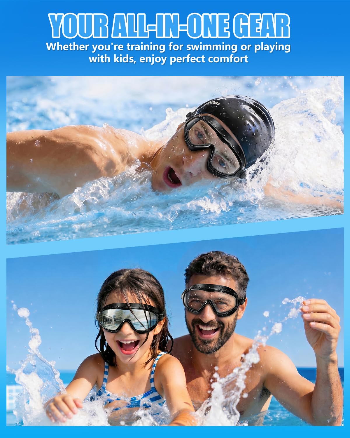 Aegend Swim Goggles for Adult Youth - 2 Pack Wide View Anti-Fog Anti-UV Swimming Goggles for Men & Women (Black & Black Silver)