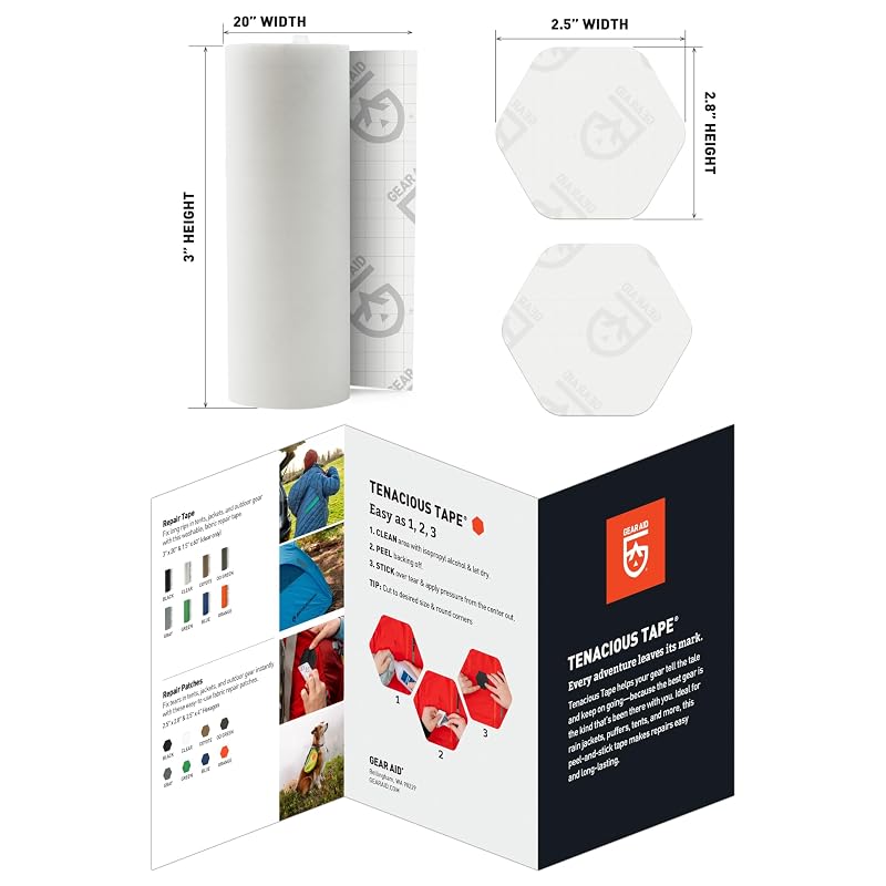 Tenacious Tape 3" x 20" Nylon Repair Kit with 2 Hex Patches – Clear, Includes Patches