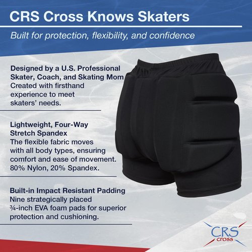 CRS Cross Padded Figure Skating Shorts. Crash Pad Pants for Roller, Inline, Ice Skating, Snowboarding, and Skiing. Fall Impact Protection for Butt, HIPS, and Tailbone (Ladies Large Black)