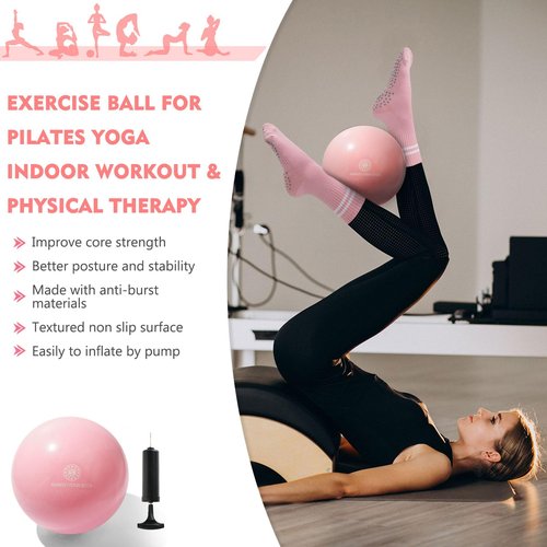floconssy Pilates Ball Resistance Bands Pilates Socks Sets, Loop Exercise Bands 5 Levels, Small Pilates Ball 9 Inch, Non Slip Socks Grips Yoga Kit for Home Workouts Pink