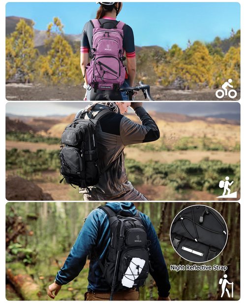 NOOLA Hydration Backpack with 3L Water Bladder - 22L Water Backpack for Hiking, Cycling, Running, Biking - Lightweight Hiking Pack Bag with Rain Cover, Phone Holder and Trekking Pole Holders, Purple
