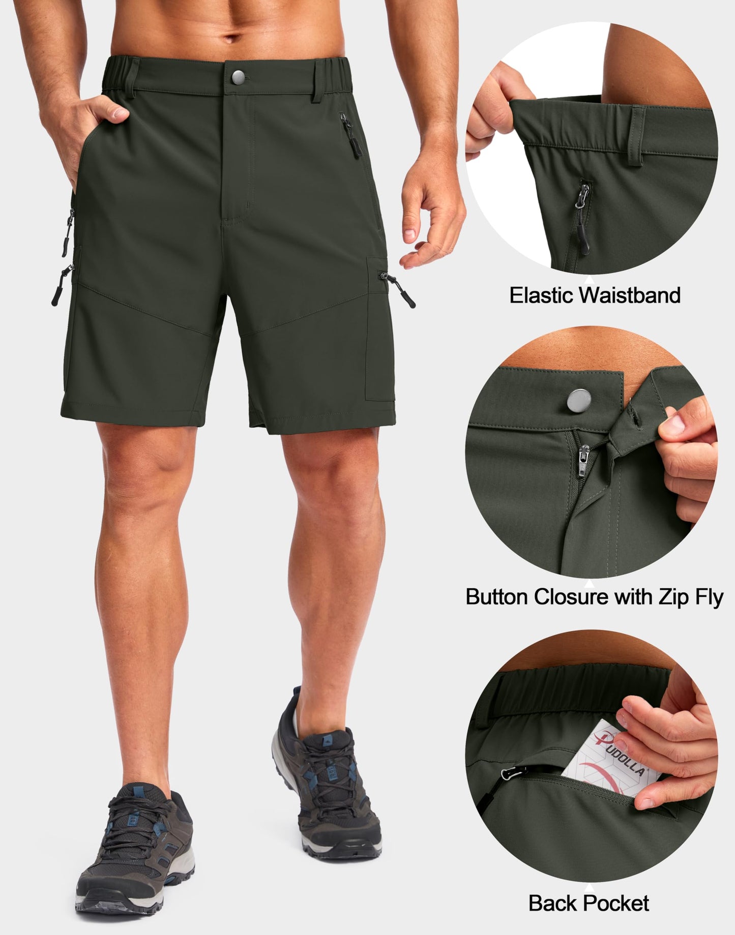 Pudolla Men's Hiking Cargo Shorts Lightweight 7" Travel Casual Shorts for Men Golf Work Outdoor with 5 Zipper Pockets(Army Green XX-Large)